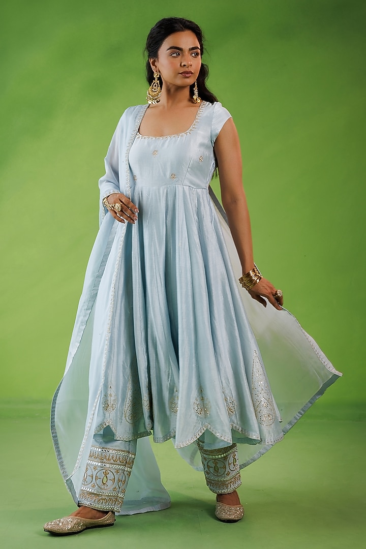 Powder Blue Chanderi Zari Embroidered Party Wear Anarkali Set by Kisakshi Jaipur at Pernia's Pop Up Shop