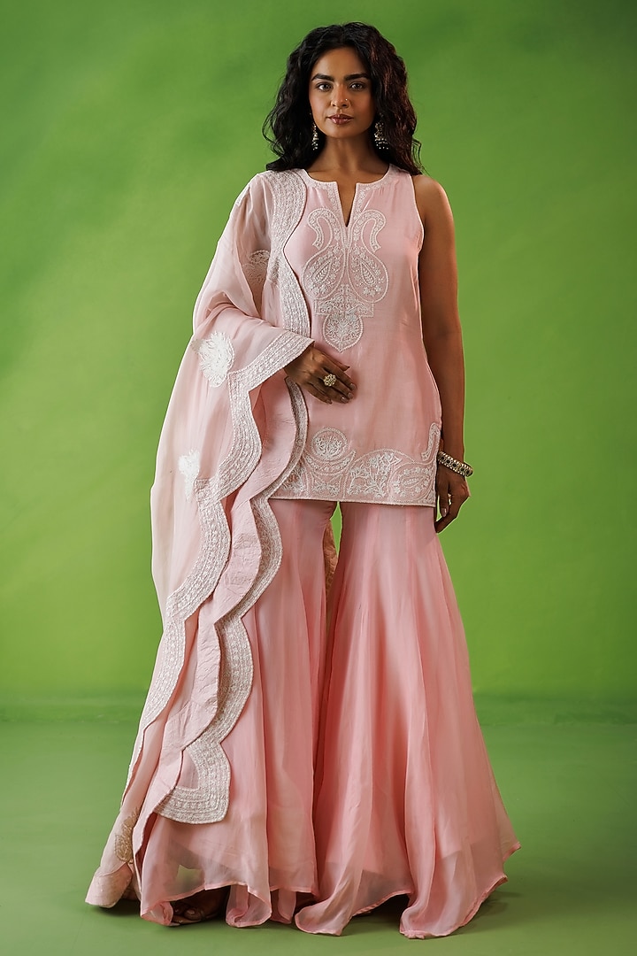 Baby Pink Chanderi Dori Embroidered Party Wear Sharara Set by Kisakshi Jaipur at Pernia's Pop Up Shop