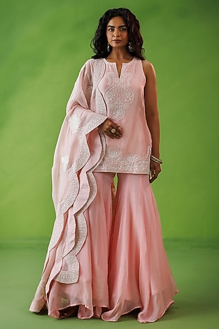 Baby Pink Chanderi Dori Embroidered Sharara Set by Kisakshi Jaipur