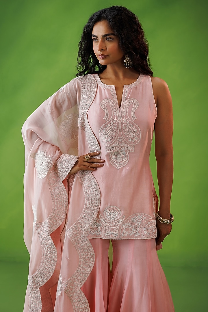 Baby Pink Chanderi Dori Embroidered Party Wear Sharara Set by Kisakshi Jaipur at Pernia's Pop Up Shop