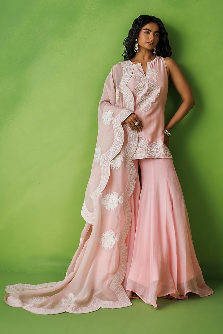 Baby Pink Chanderi Dori Embroidered Party Wear Sharara Set by Kisakshi Jaipur at Pernia's Pop Up Shop