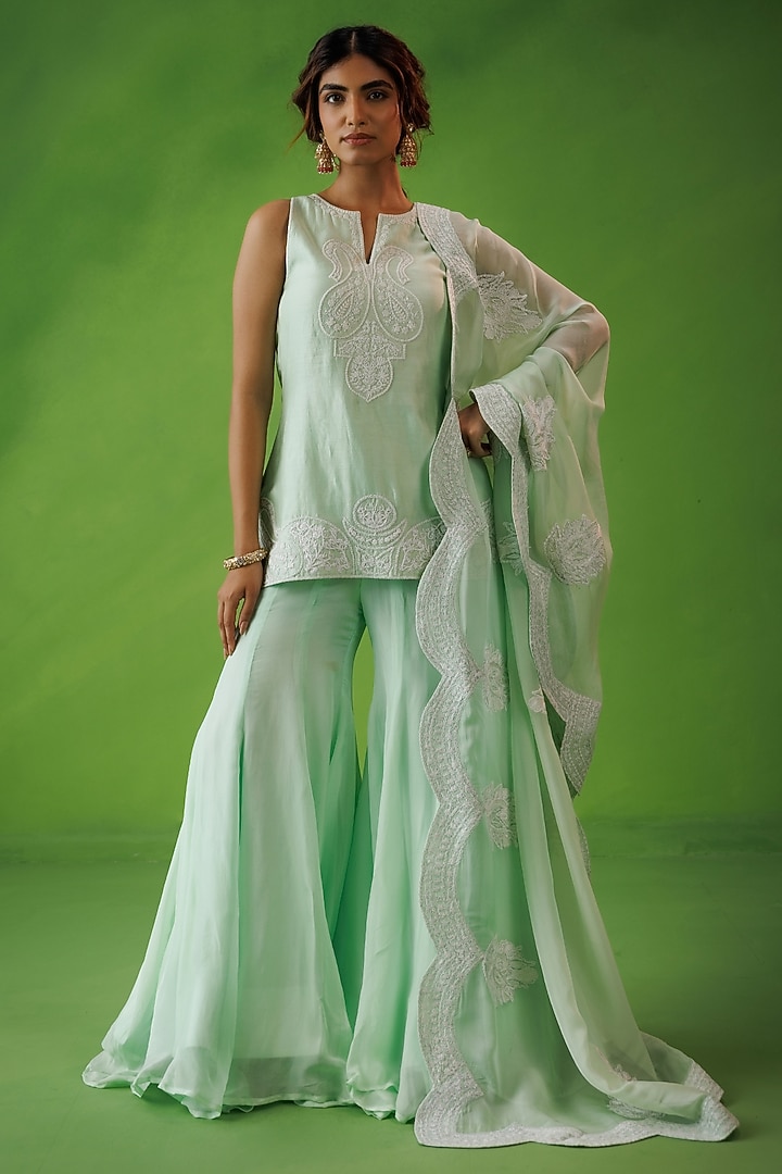 Mint Green Chanderi Dori Embroidered Party Wear Sharara Set by Kisakshi Jaipur at Pernia's Pop Up Shop