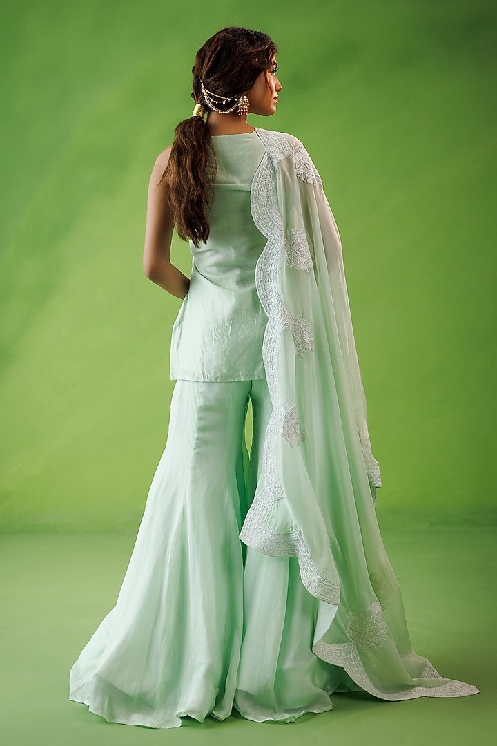 Mint Green Chanderi Dori Embroidered Party Wear Sharara Set by Kisakshi Jaipur at Pernia's Pop Up Shop