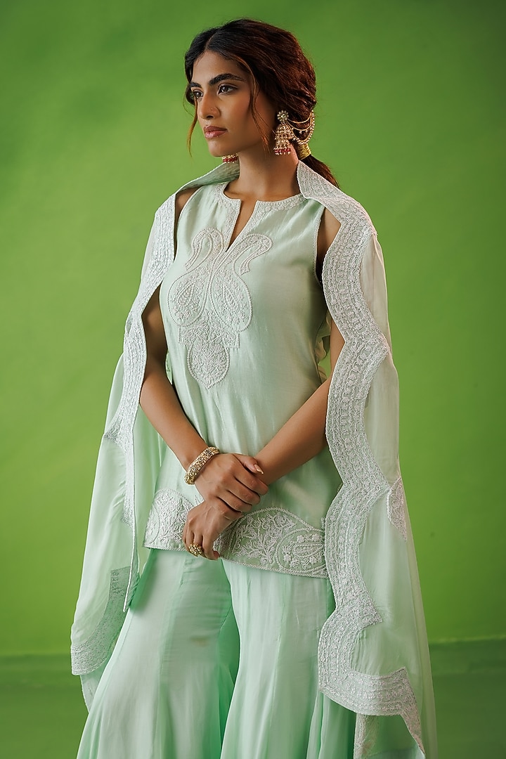 Mint Green Chanderi Dori Embroidered Party Wear Sharara Set by Kisakshi Jaipur at Pernia's Pop Up Shop