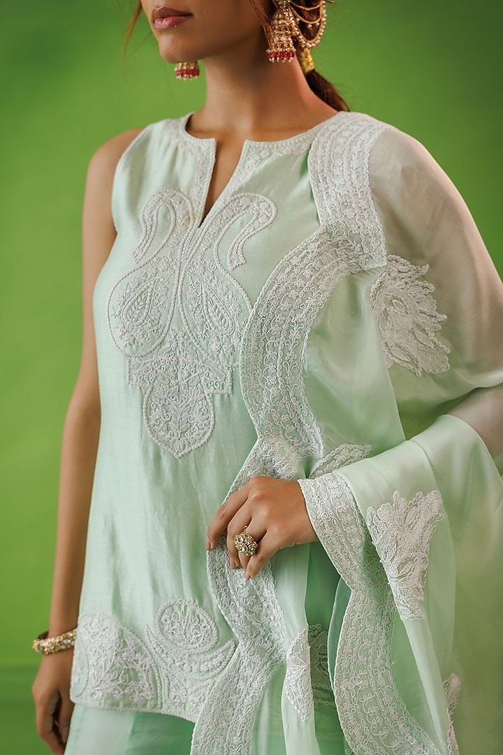Mint Green Chanderi Dori Embroidered Party Wear Sharara Set by Kisakshi Jaipur at Pernia's Pop Up Shop