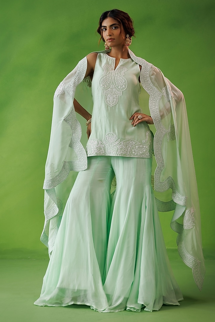 Mint Green Chanderi Dori Embroidered Party Wear Sharara Set by Kisakshi Jaipur at Pernia's Pop Up Shop
