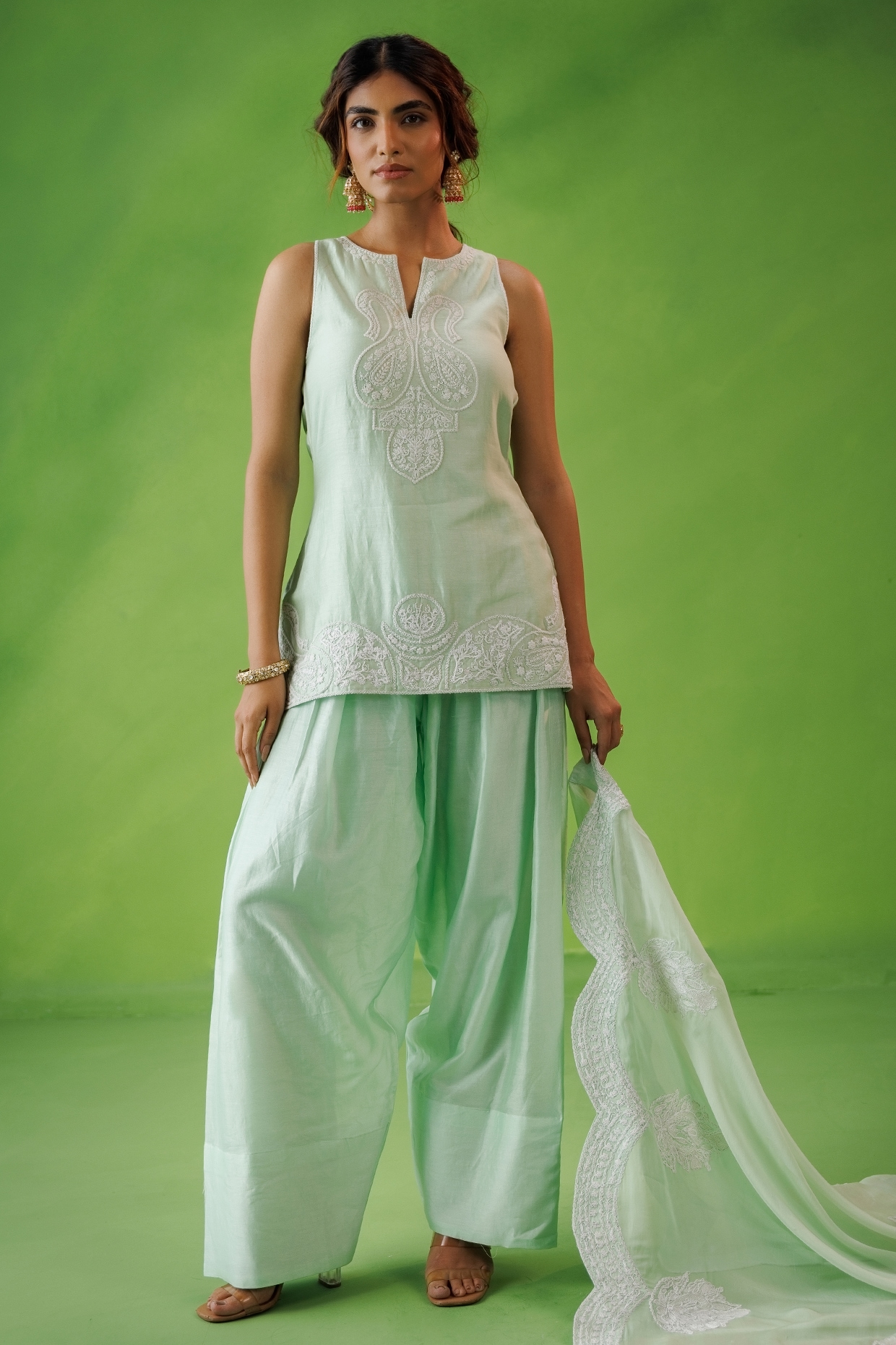 Kisakshi Jaipur Mint Green Chanderi Dori Embroidered Kurta Set