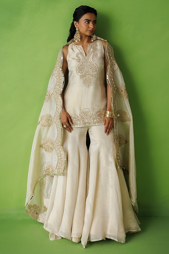 Beige Tissue Silk Party Wear Sharara Set by Kisakshi Jaipur at Pernia's Pop Up Shop
