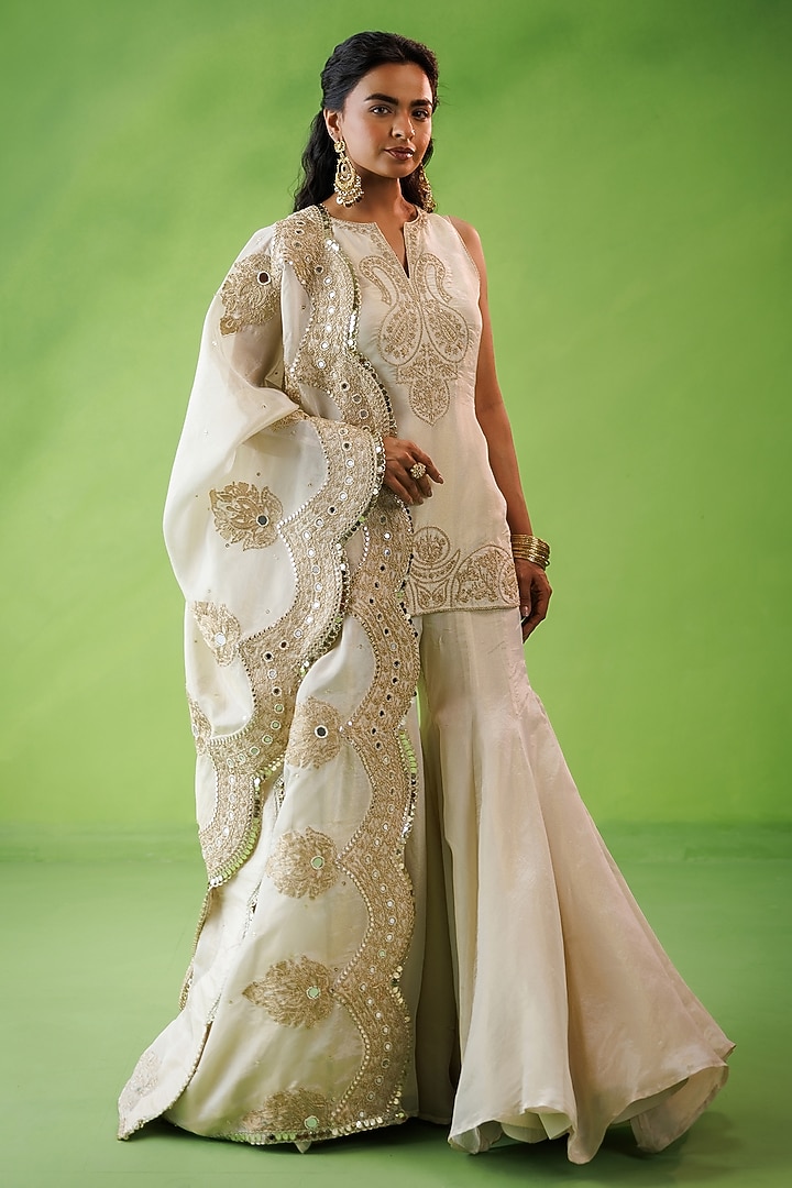 Beige Tissue Silk Party Wear Sharara Set by Kisakshi Jaipur at Pernia's Pop Up Shop