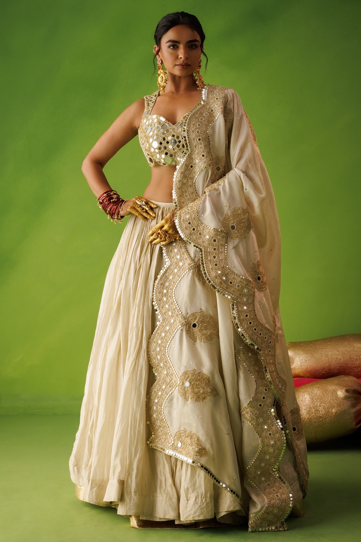Kisakshi Jaipur Beige Tissue Silk Mirror Embroidered Lehenga Set