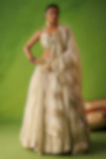 Beige Tissue Silk Mirror Embroidered Wedding Lehenga Set by Kisakshi Jaipur at Pernia's Pop Up Shop