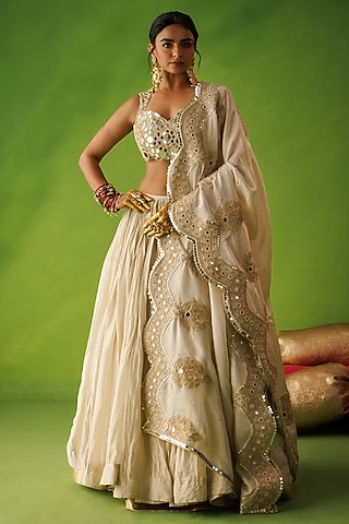 Beige Tissue Silk Mirror Embroidered Lehenga Set by Kisakshi Jaipur