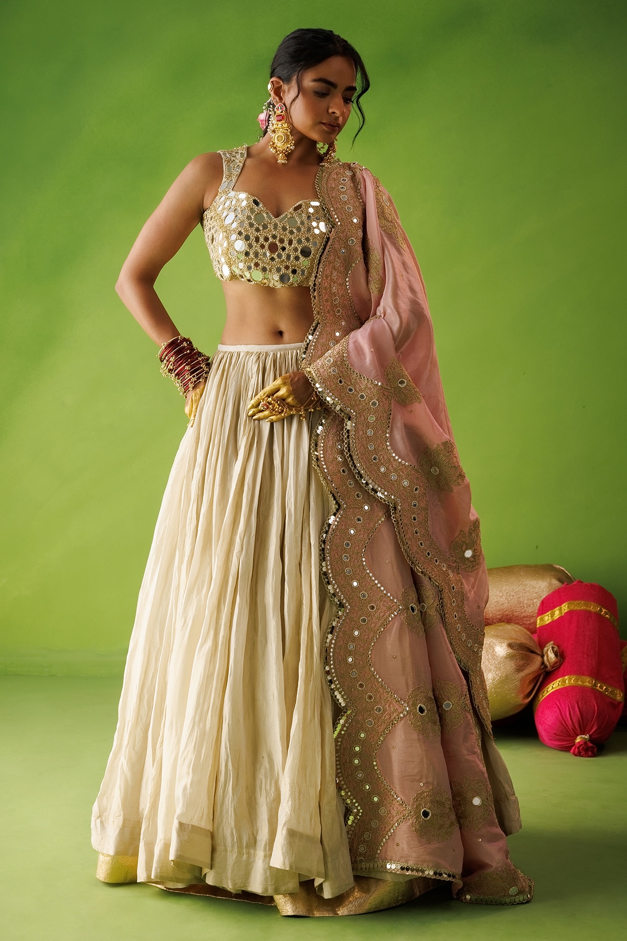 Kisakshi Jaipur Beige Tissue Silk Mirror Embroidered Lehenga Set