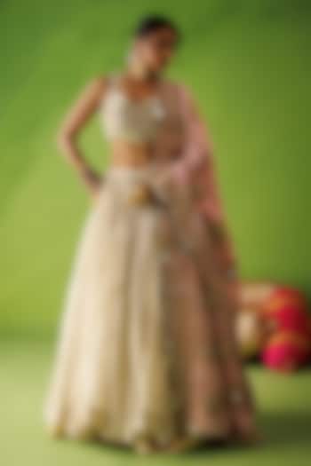 Beige Tissue Silk Mirror Embroidered Wedding Lehenga Set by Kisakshi Jaipur at Pernia's Pop Up Shop