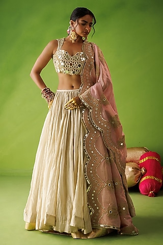 Beige Tissue Silk Mirror Embroidered Lehenga Set by Kisakshi Jaipur