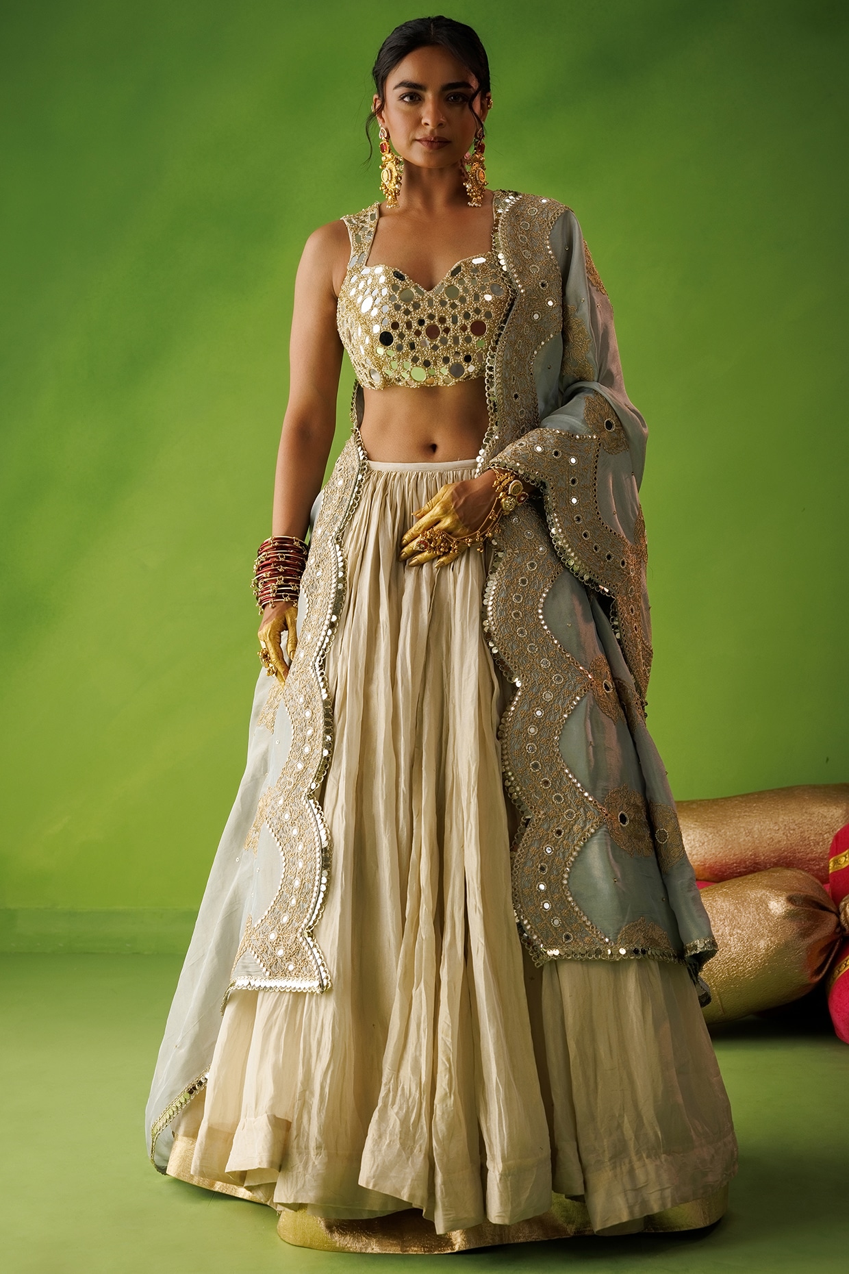 Kisakshi Jaipur Beige Tissue Silk Mirror Embroidered Lehenga Set