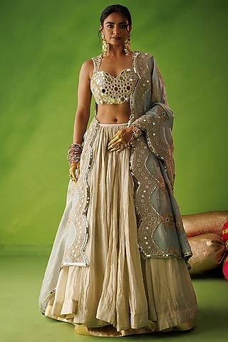 Beige Tissue Silk Mirror Embroidered Lehenga Set by Kisakshi Jaipur