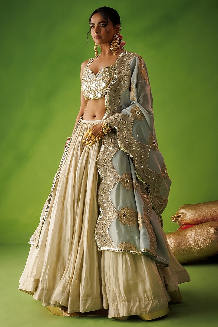 Beige Tissue Silk Mirror Embroidered Wedding Lehenga Set by Kisakshi Jaipur at Pernia's Pop Up Shop