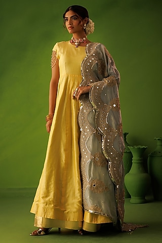 Powder Blue & Yellow Chanderi Reversable Anarkali Set by Kisakshi Jaipur