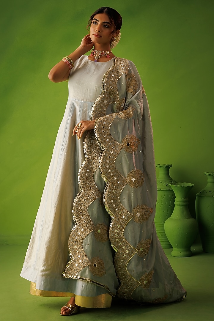 Powder Blue & Yellow Chanderi Reversable Wedding Anarkali Set by Kisakshi Jaipur at Pernia's Pop Up Shop
