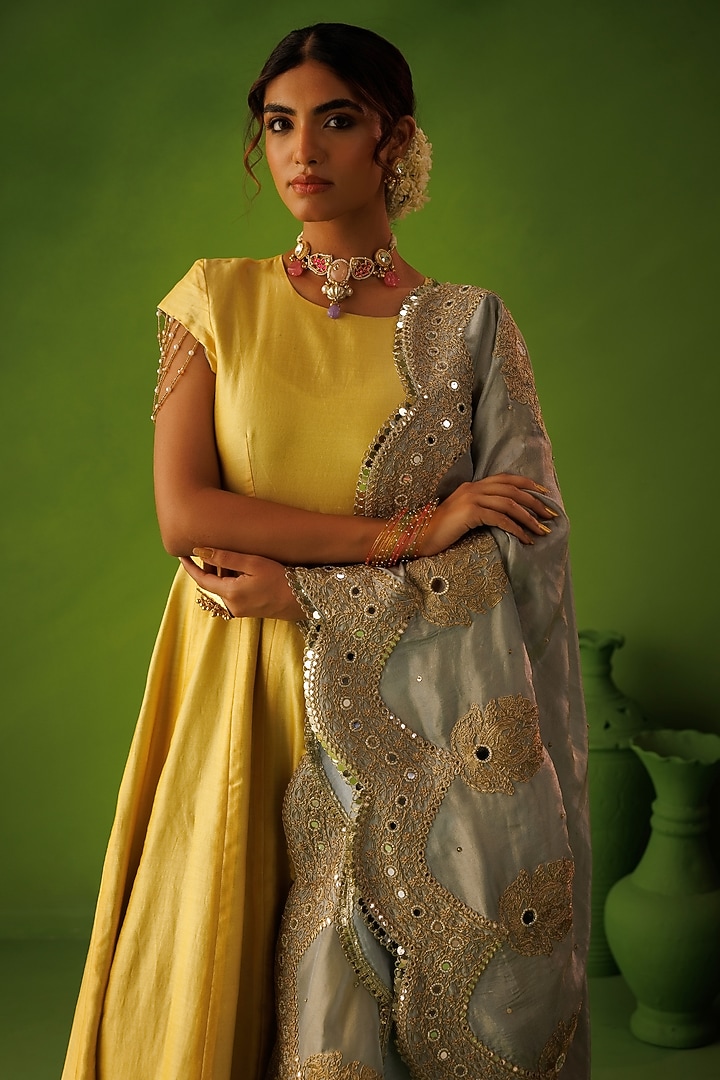 Powder Blue & Yellow Chanderi Reversable Wedding Anarkali Set by Kisakshi Jaipur at Pernia's Pop Up Shop