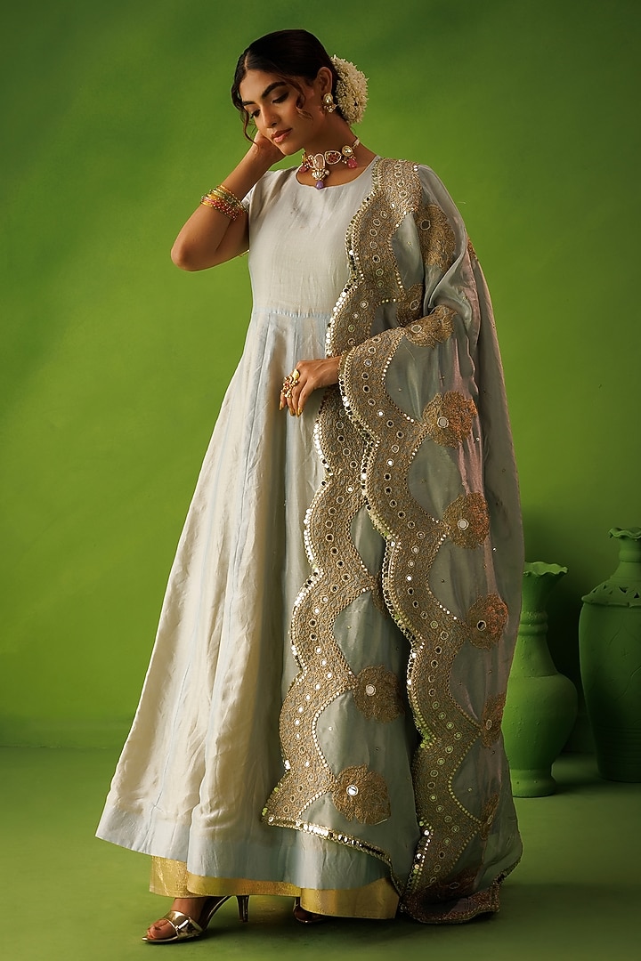 Powder Blue & Yellow Chanderi Reversable Wedding Anarkali Set by Kisakshi Jaipur at Pernia's Pop Up Shop