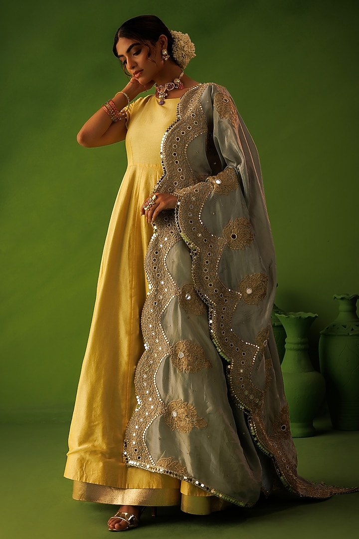 Powder Blue & Yellow Chanderi Reversable Wedding Anarkali Set by Kisakshi Jaipur at Pernia's Pop Up Shop