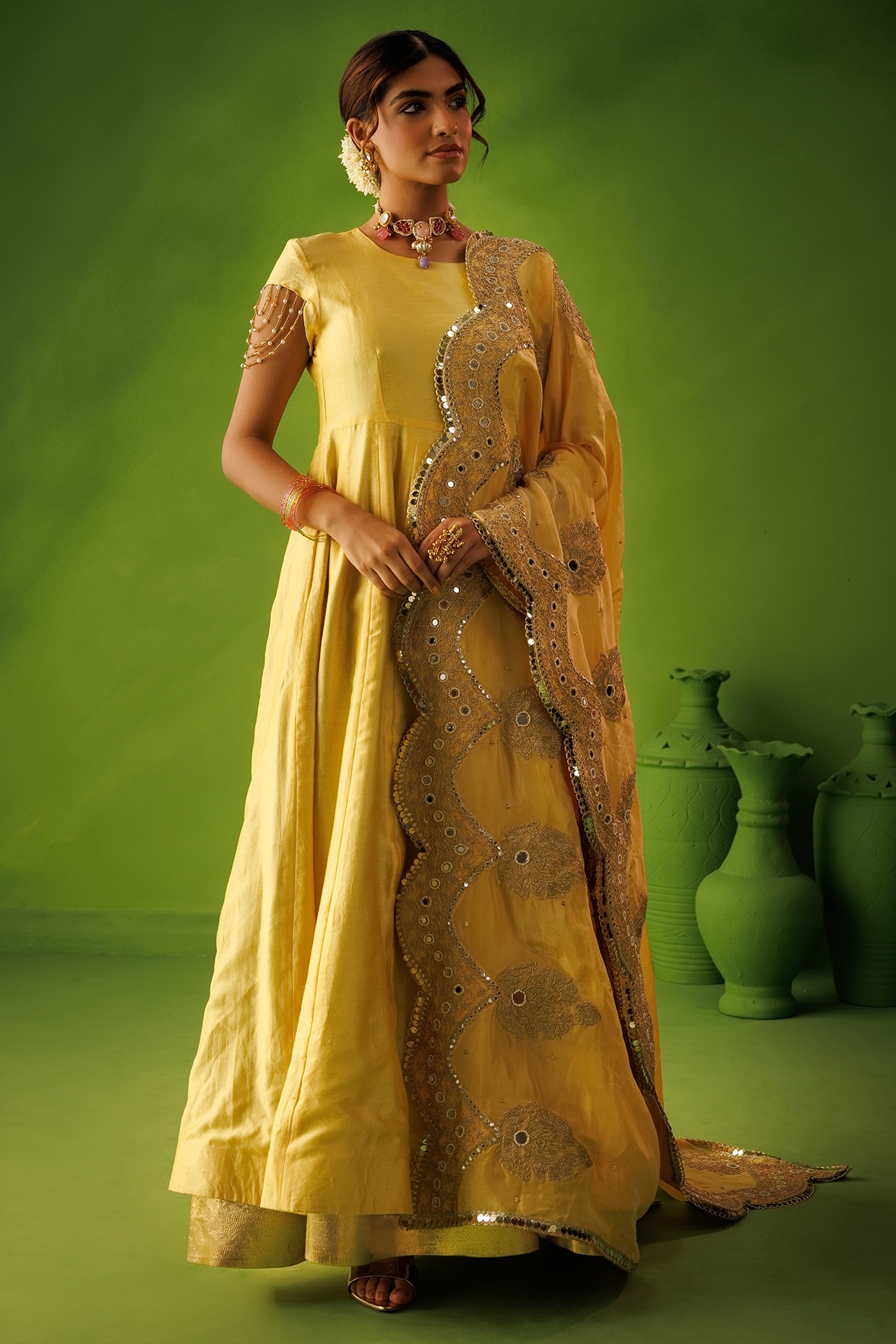 Kisakshi Jaipur Powder Blue & Yellow Chanderi Reversable Anarkali Set
