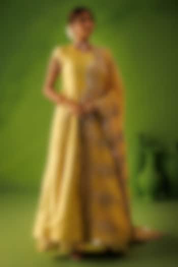 Powder Blue & Yellow Chanderi Reversable Wedding Anarkali Set by Kisakshi Jaipur at Pernia's Pop Up Shop