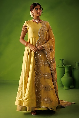 Powder Blue & Yellow Chanderi Reversable Anarkali Set by Kisakshi Jaipur
