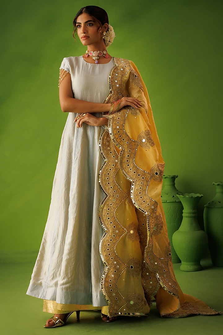 Powder Blue & Yellow Chanderi Reversable Wedding Anarkali Set by Kisakshi Jaipur at Pernia's Pop Up Shop