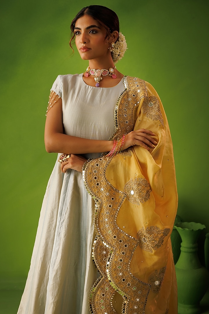 Powder Blue & Yellow Chanderi Reversable Wedding Anarkali Set by Kisakshi Jaipur at Pernia's Pop Up Shop