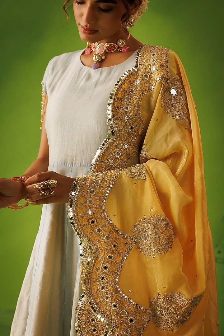 Powder Blue & Yellow Chanderi Reversable Wedding Anarkali Set by Kisakshi Jaipur at Pernia's Pop Up Shop