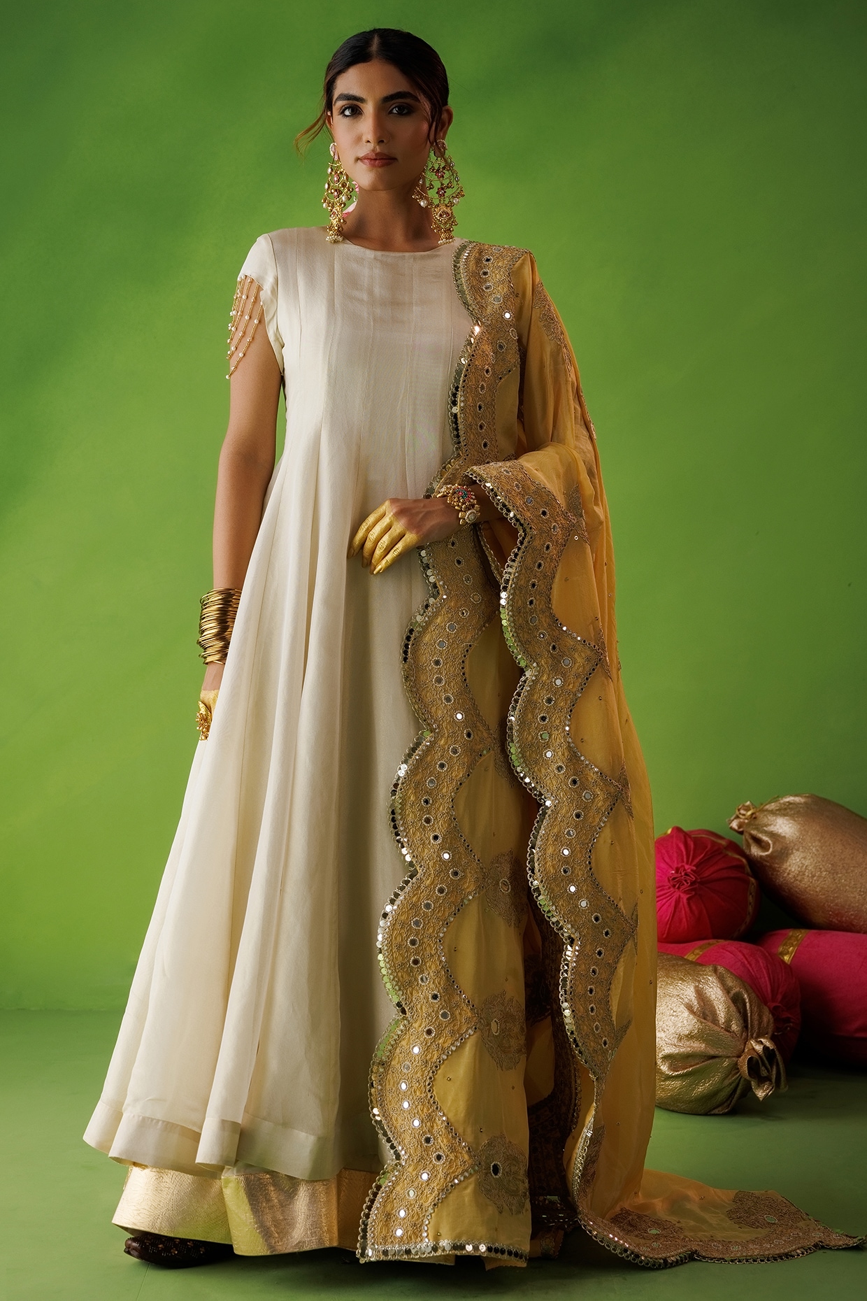 Kisakshi Jaipur Beige Tissue Silk Mirror Embellished Anarkali Set