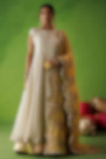 Beige Tissue Silk Mirror Embellished Wedding Anarkali Set by Kisakshi Jaipur at Pernia's Pop Up Shop