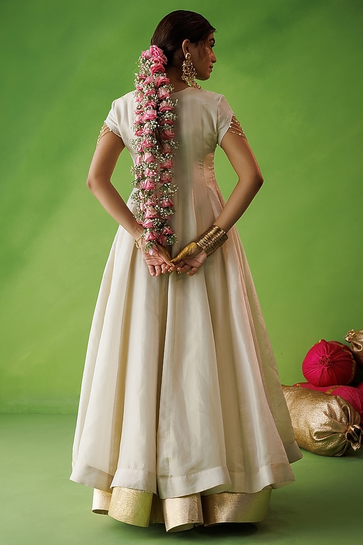 Beige Tissue Silk Mirror Embellished Wedding Anarkali Set by Kisakshi Jaipur at Pernia's Pop Up Shop