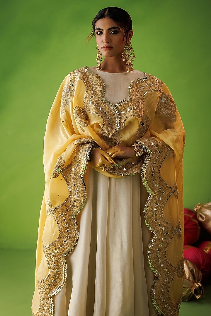 Beige Tissue Silk Mirror Embellished Wedding Anarkali Set by Kisakshi Jaipur at Pernia's Pop Up Shop