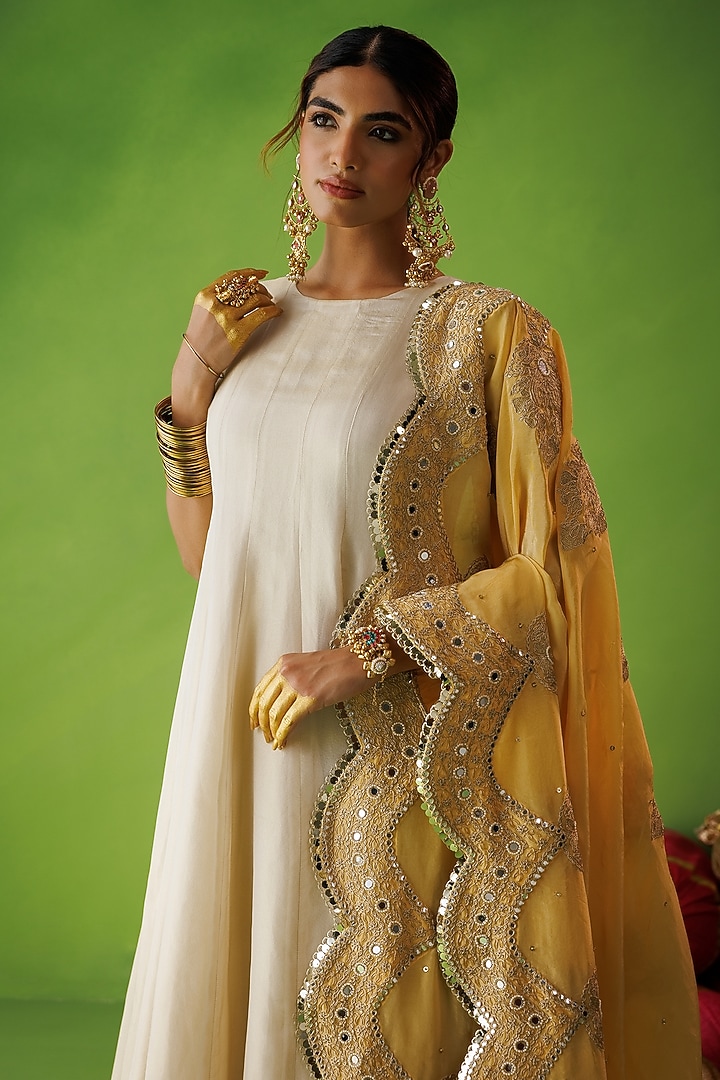 Beige Tissue Silk Mirror Embellished Wedding Anarkali Set by Kisakshi Jaipur at Pernia's Pop Up Shop