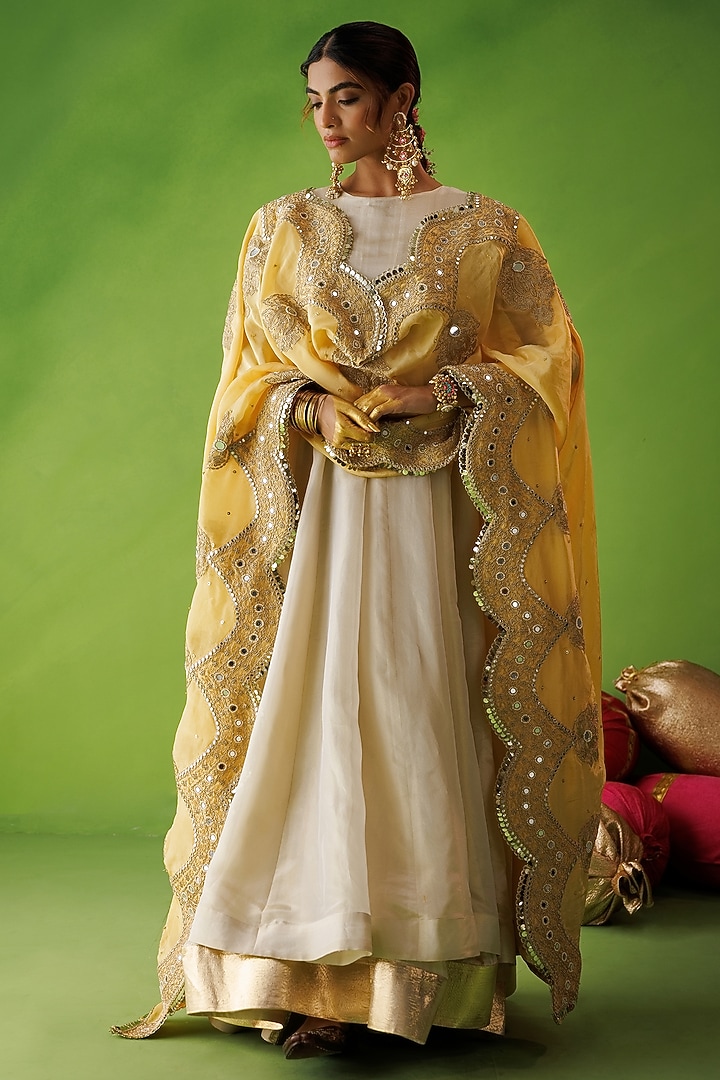 Beige Tissue Silk Mirror Embellished Wedding Anarkali Set by Kisakshi Jaipur at Pernia's Pop Up Shop