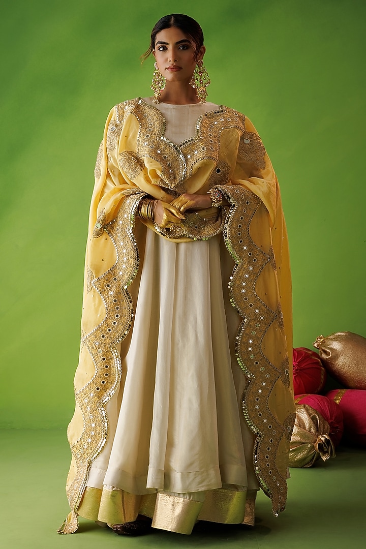 Beige Tissue Silk Mirror Embellished Wedding Anarkali Set by Kisakshi Jaipur at Pernia's Pop Up Shop