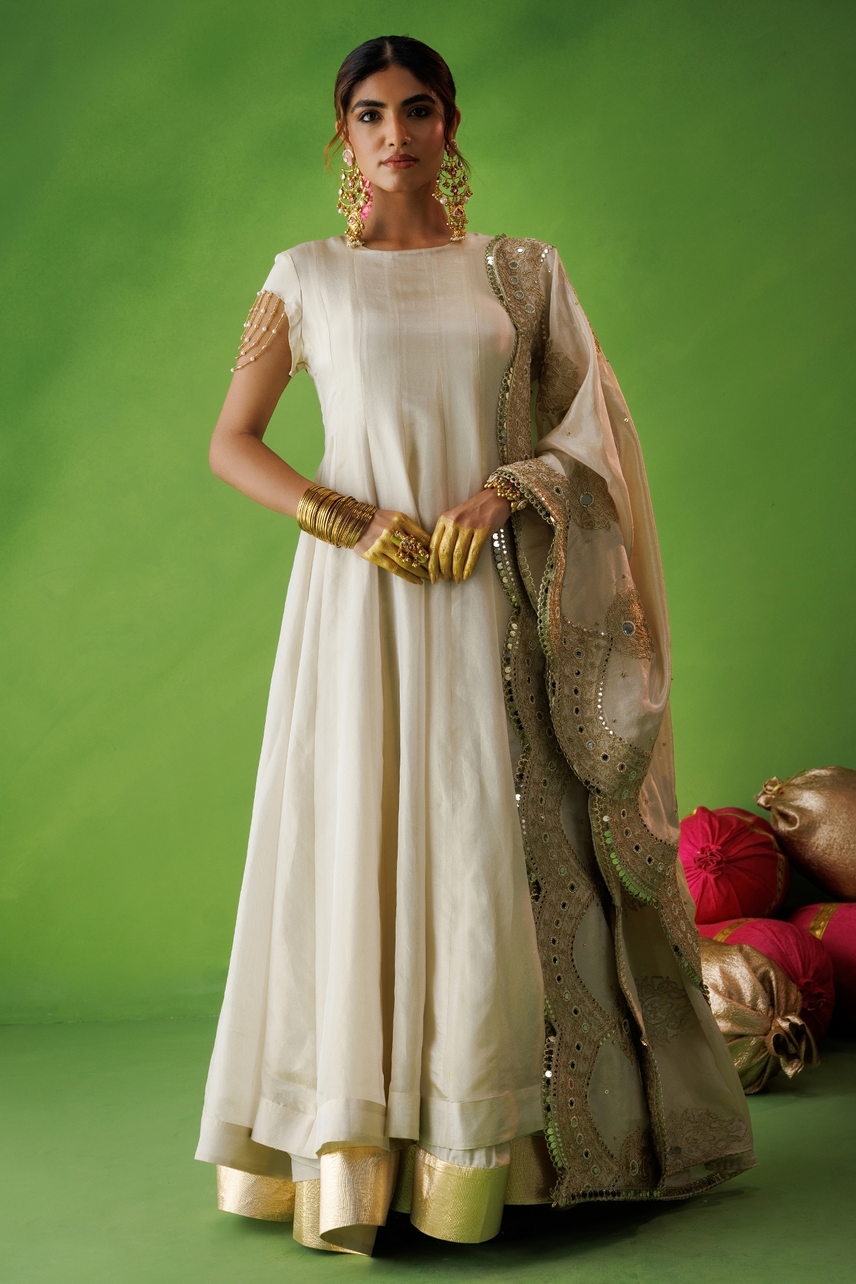 Kisakshi Jaipur Beige Tissue Silk Mirror Embellished Anarkali Set