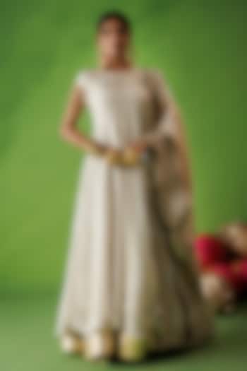 Beige Tissue Silk Mirror Embellished Wedding Anarkali Set by Kisakshi Jaipur at Pernia's Pop Up Shop