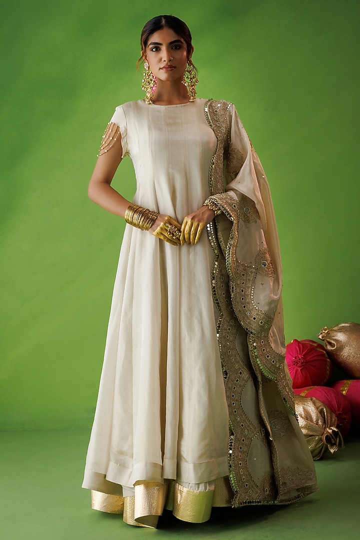 Beige Tissue Silk Mirror Embellished Wedding Anarkali Set by Kisakshi Jaipur at Pernia's Pop Up Shop