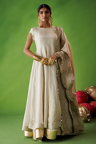 Beige Tissue Silk Mirror Embellished Anarkali Set by Kisakshi Jaipur