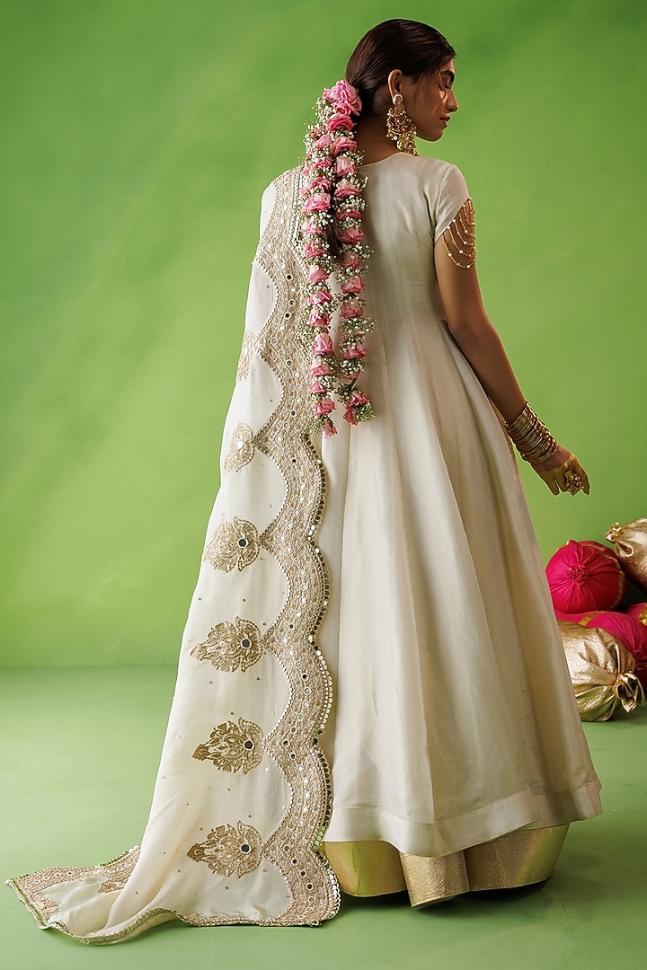 Beige Tissue Silk Mirror Embellished Wedding Anarkali Set by Kisakshi Jaipur at Pernia's Pop Up Shop