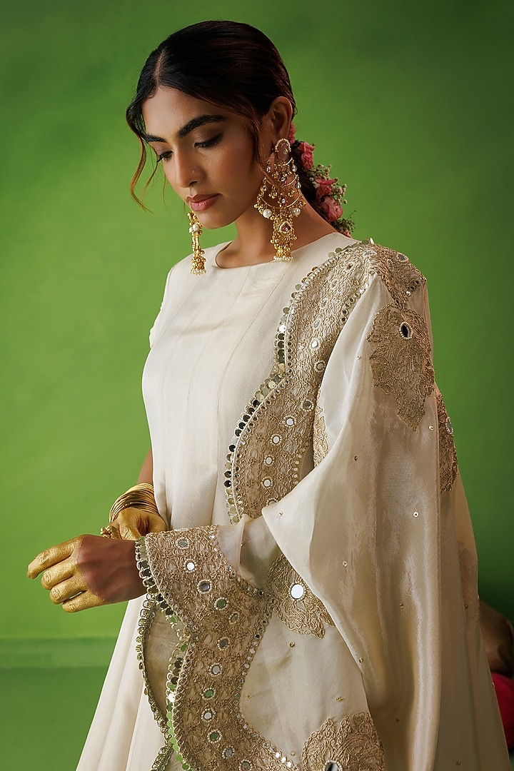 Beige Tissue Silk Mirror Embellished Wedding Anarkali Set by Kisakshi Jaipur at Pernia's Pop Up Shop