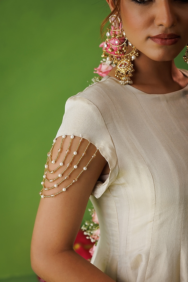 Beige Tissue Silk Mirror Embellished Wedding Anarkali Set by Kisakshi Jaipur at Pernia's Pop Up Shop