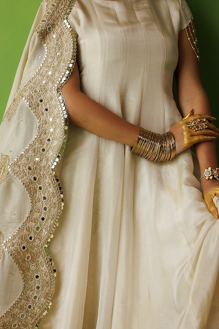 Beige Tissue Silk Mirror Embellished Wedding Anarkali Set by Kisakshi Jaipur at Pernia's Pop Up Shop