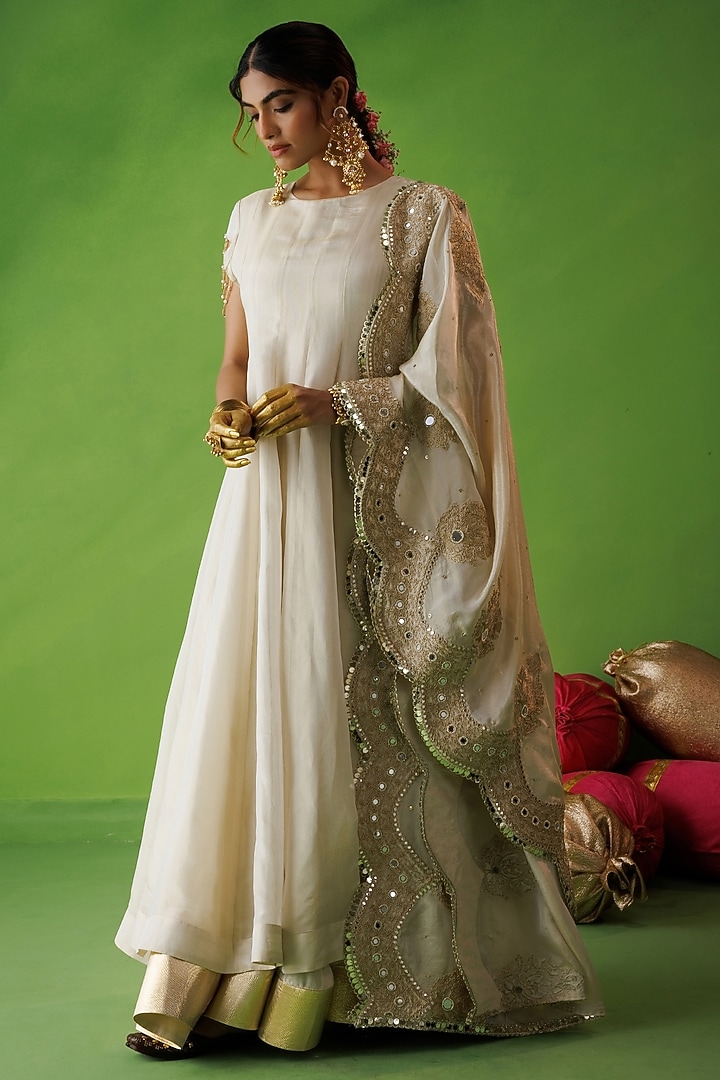 Beige Tissue Silk Mirror Embellished Wedding Anarkali Set by Kisakshi Jaipur at Pernia's Pop Up Shop