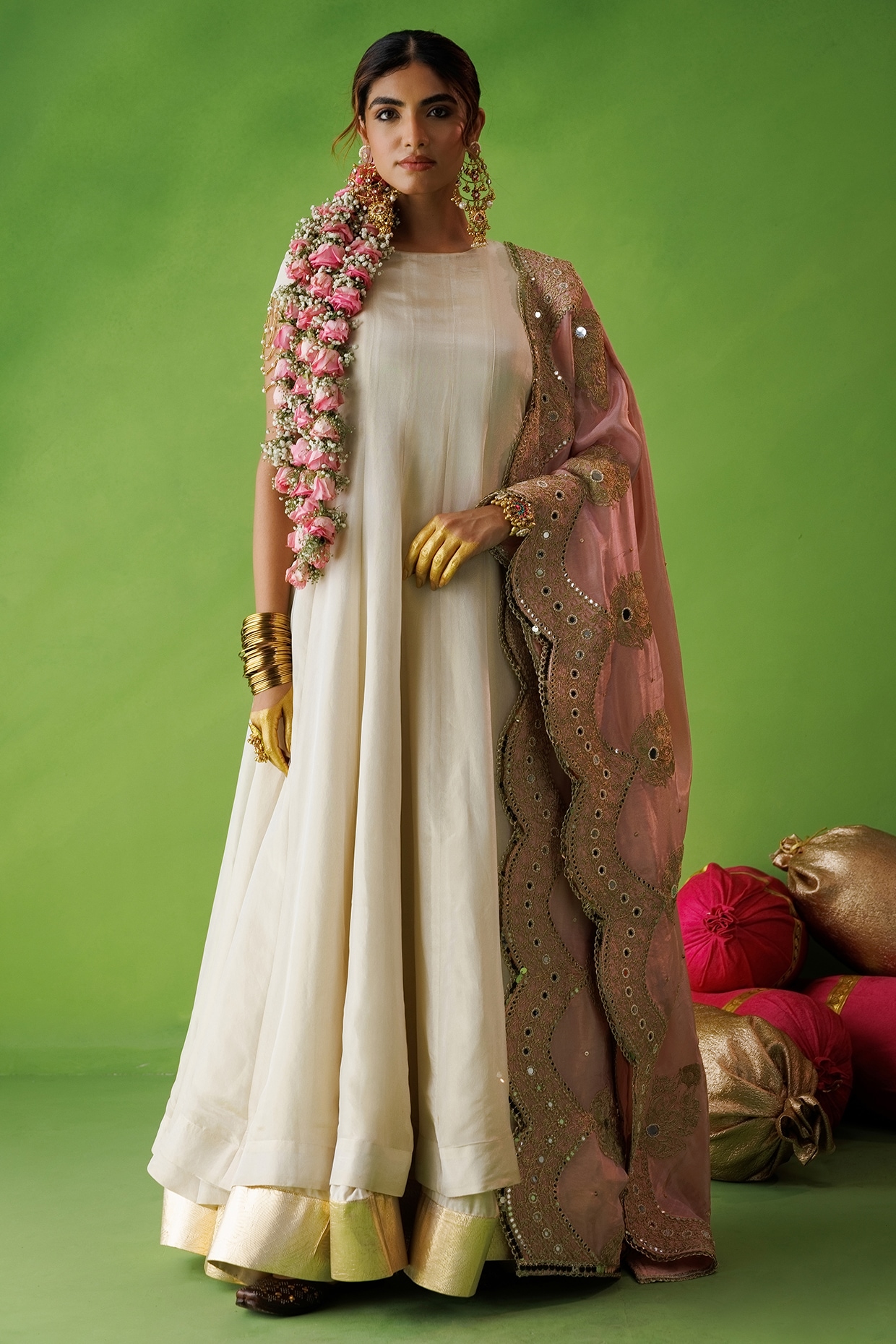 Kisakshi Jaipur Beige Tissue Hand Embellished Flared Anarkali Set